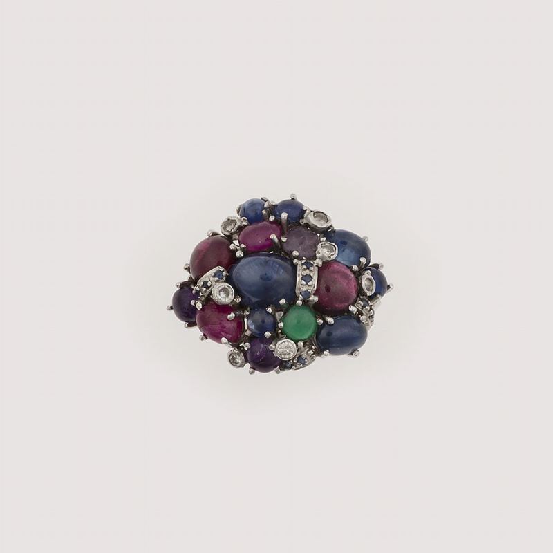 Emerald, sapphire, ruby and diamond ring  - Auction Timed Auction Jewels - Cambi Casa d'Aste