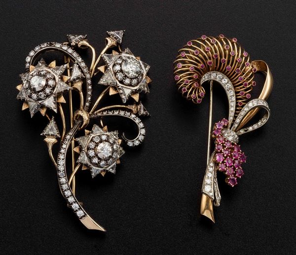 Two diamonds, rubies, gold and silver brooches