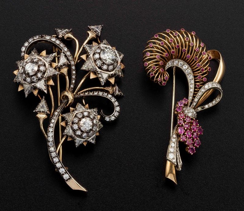 Two diamonds, rubies, gold and silver brooches  - Auction Fine Coral Jewels - I - Cambi Casa d'Aste