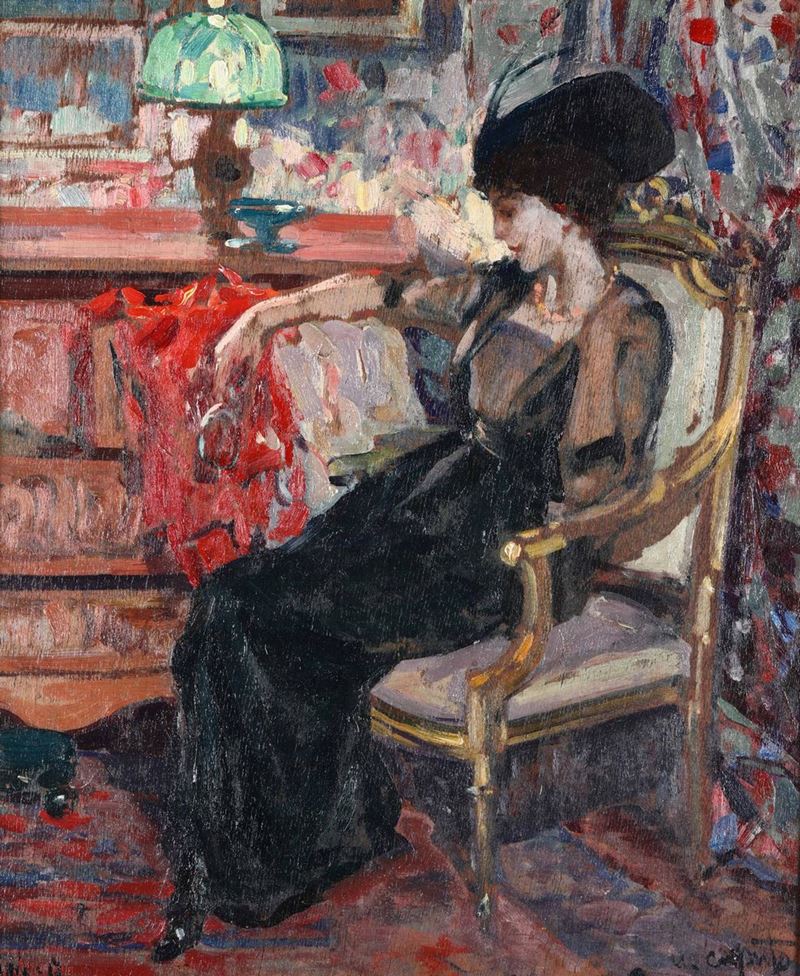 Ulisse Caputo (1872-1948) Interno con donna seduta  - Asta Dipinti del XIX e XX secolo - Cambi Casa d'Aste