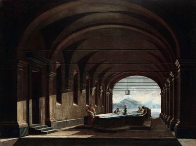 Niccolò Codazzi (napoli 1642- Genova 1693)capriccio Architettonico con Donne al Lavatoio