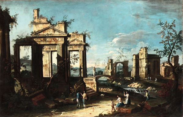 Antonio Visentini (Venezia 1688-1782) Coppia di capricci architettonici con rovine e personaggi