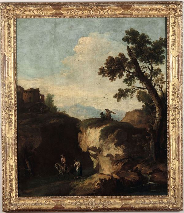 Giuseppe Zais (Forno di Canale 1709 - Treviso 1784) Paesaggio con rovine e viandanti