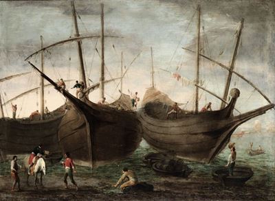Agostino Tassi (1566/80-1644), Attribuito Amarina con Figure e Imbarcazioni
