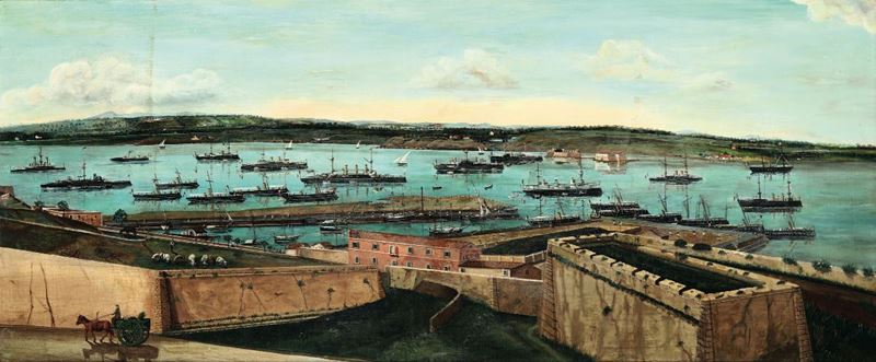 Scuola dell'inizio del XIX secolo Veduta di porto con imbarcazioni  - Asta Antiquariato - Cambi Casa d'Aste