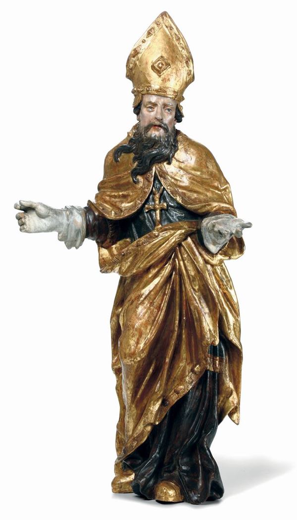 Santo Vescovo in legno policromo e dorato, Tirolo o Austria XVII-XVIII secolo
