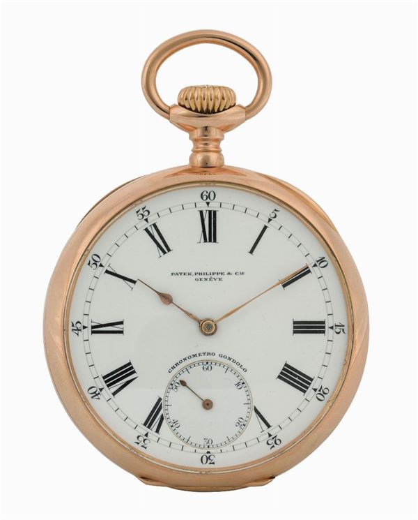 Patek Philippe & Cie., Genève, Chronometro Gondolo., case No. 159295. Made for Gondolo & Labouriau, Relojoeiros, Rio de Janeiro circa 1900. Very fine, 18K pink gold keyless Chronometer pocket watch.