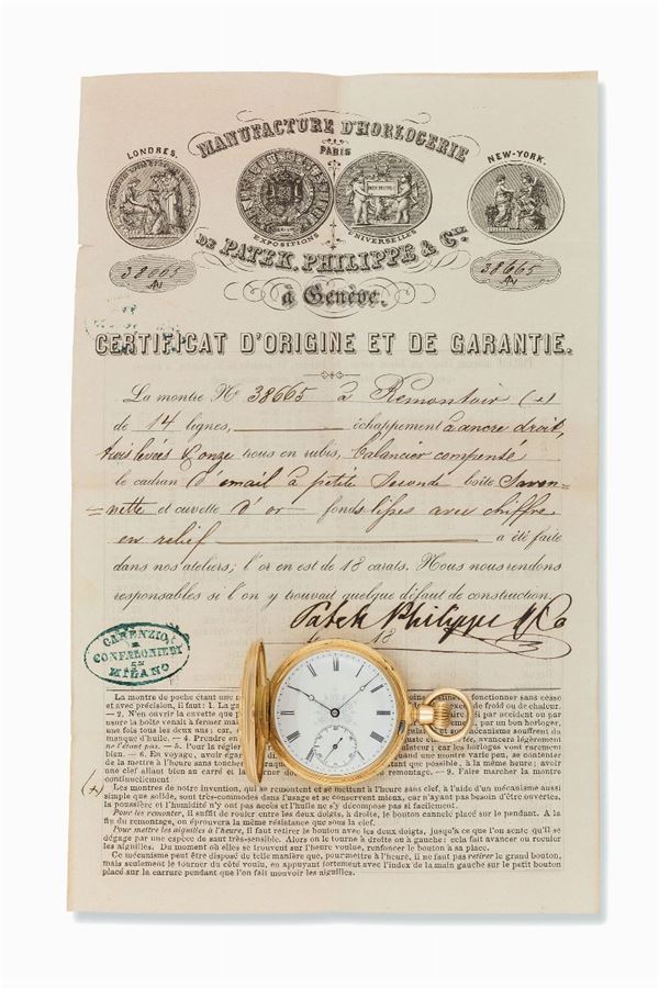 PATEK PHILIPPE, & Cie, Genève, No. 38665. Raro orologio da tasca in oro giallo 18K di piccole dimensioni. Accompagnato dal scatola e certificato di Origine. Realizzato nel 1900 circa