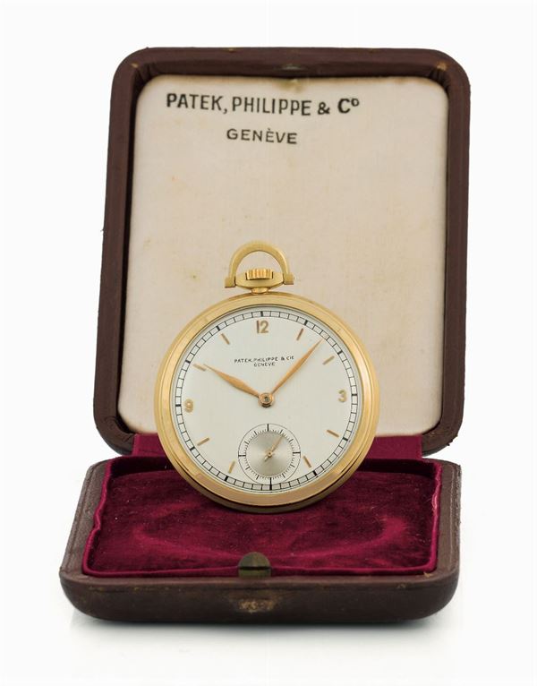 Patek Philippe & Cie, Geneve, No. 826561 case No. 504179. Made circa 1930. Fine and rare, 18K yellow gold keyless dress-pocket watch. Accompanied by the original box