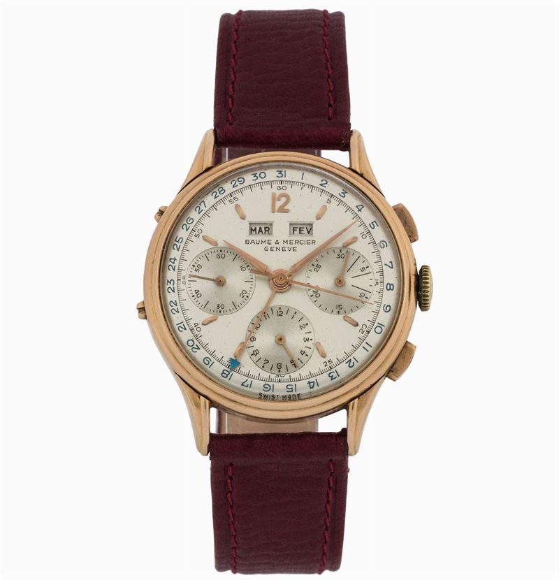 Baume & Mercier, Genève. Very fine and rare, 18K pink gold wristwatch with square button chronograph, registers and triple date. Made circa 1950  - Auction wrist and pocket watches - Cambi Casa d'Aste