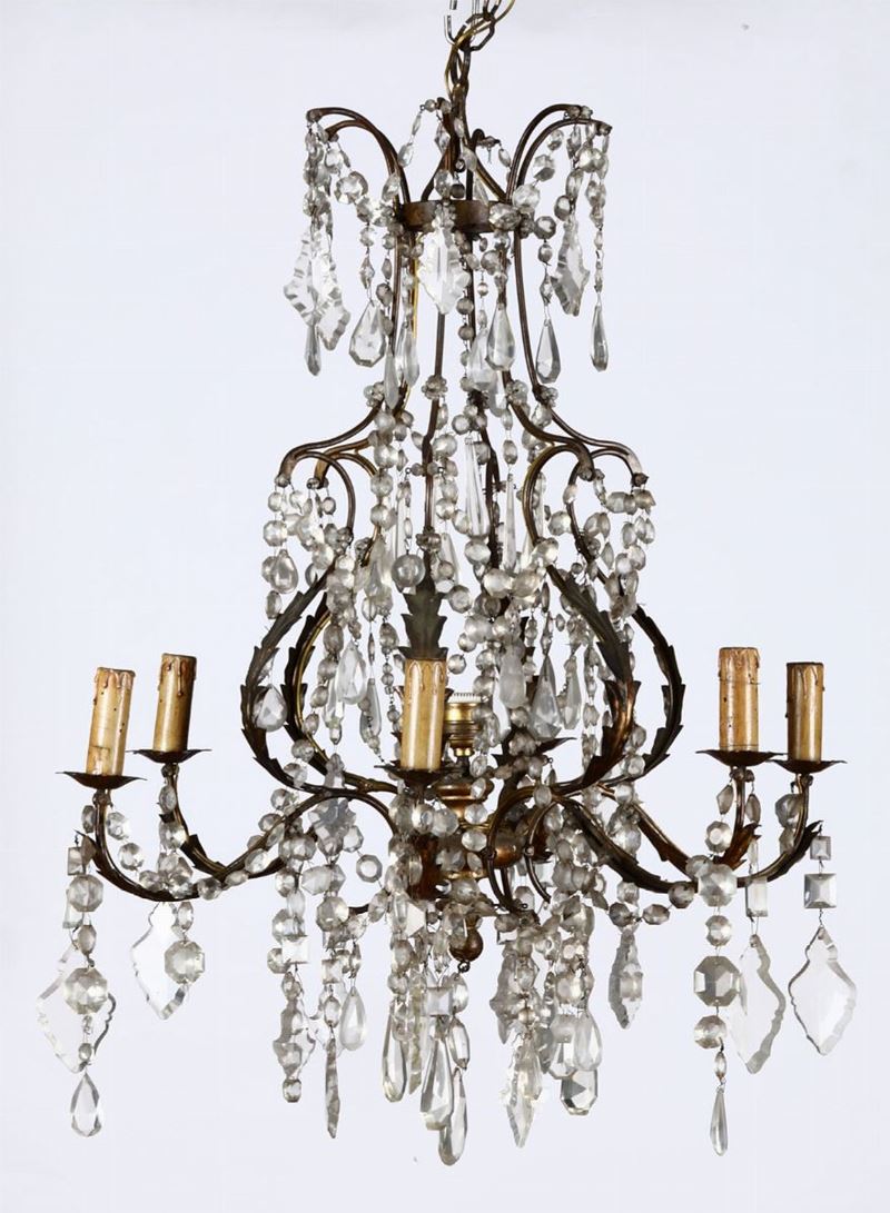 Lampadario a 7 luci in vetro e metallo  - Auction Antiques III - Timed Auction - Cambi Casa d'Aste
