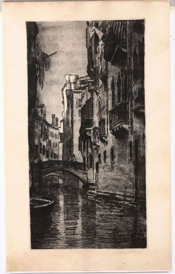 Stampa da opera di Miti Zanetti raffigurante canale a Venezia