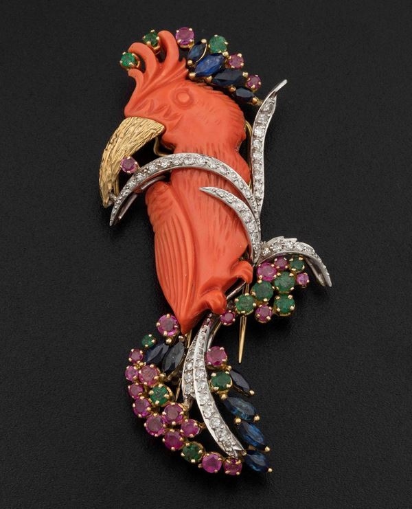 Carved coral and gem-set brooch