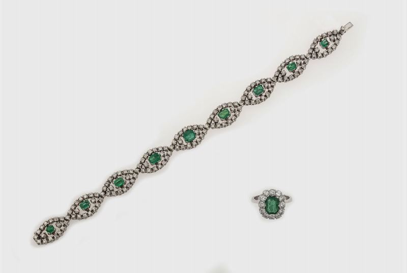 Demi-parure composta da anello e bracciale con smeraldi e diamanti  - Asta Gioielli - Cambi Casa d'Aste