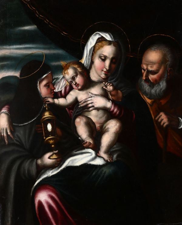 Scuola del XVI secolo Madonna con Bambino, San Giuseppe e Santa Chiara