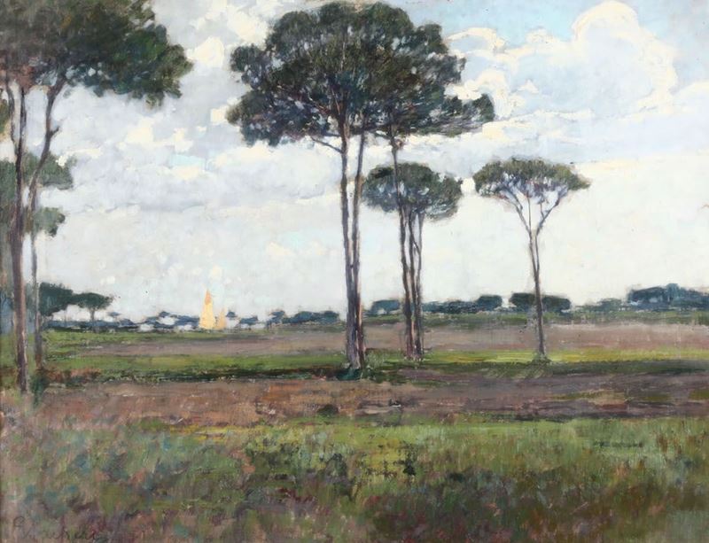 Giuseppe Sacheri (1863 - 1950) Pini e nuvole  - Asta Antiquariato - Cambi Casa d'Aste