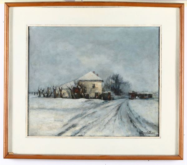 Evaristo Zambelli (1889 - ?) Cascina sotto la neve, 1920