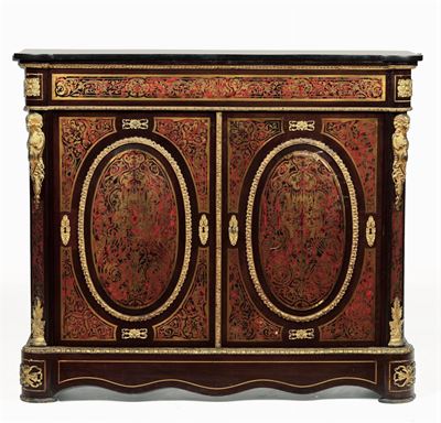 Credenza Napoleone III in Legno Ebanizzato e Decoro in Bronzo e Metallo Dorato di Gusto Boulle, F...