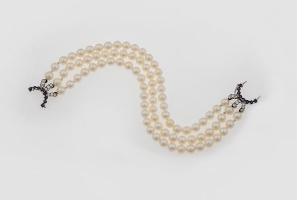 Cultured pearl, diamond and sapphire bracelet