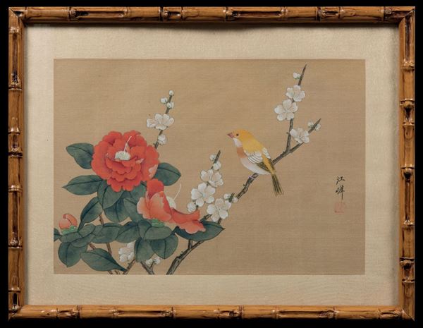 Quattro dipinti diversi su seta raffiguranti uccellini tra i rami con iscrizioni, Cina, inizi XX secolo