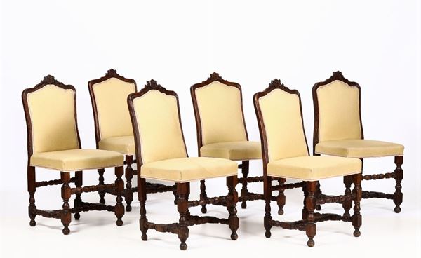 Gruppo di sei sedie a rocchetto in legno intagliato, XIX secolo
