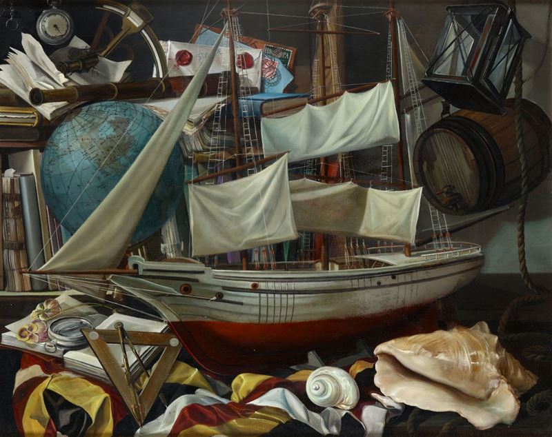 Valmore Grazioli (1917 - 1995) Interno con modellino navale e oggetti nautici  - Auction Fine Art - Cambi Casa d'Aste