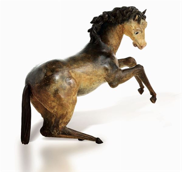 Cavallo che si impenna in legno intagliato e dipinto, Genoa XIX secolo