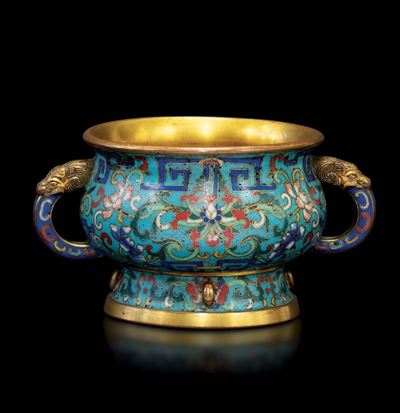 Raro Incensiere a Smalti Cloisonnè con Fiori di Loto e Decoro Geometrico e Manici con Mascheroni ...