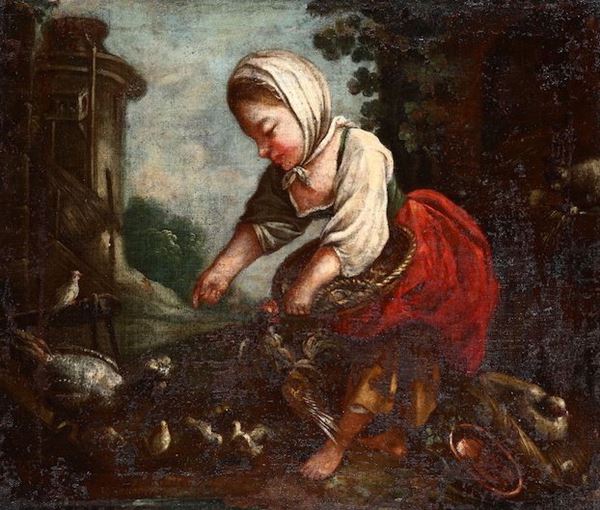 Scuola italiana del XVIII secolo Contadina che dà da mangiare ai pulcini