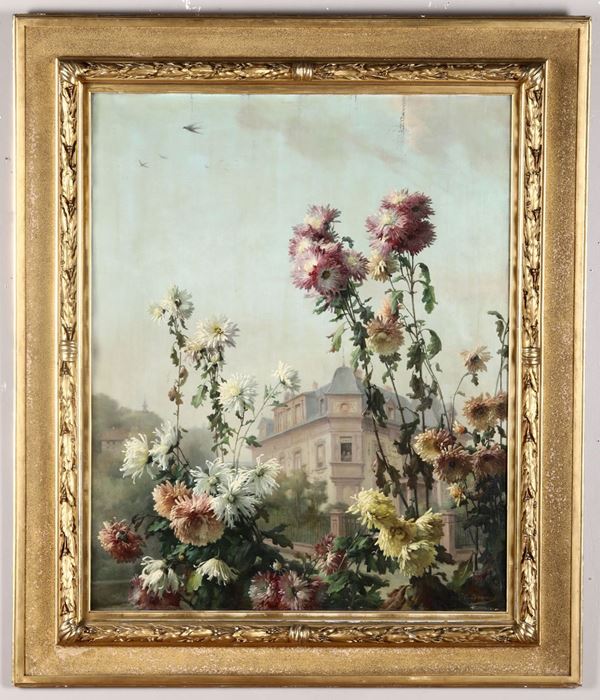 Emmanuel Benner (1836-1896) Fiori con villa sullo sfondo