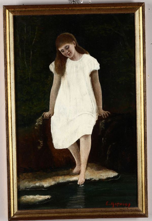 Eugenè Mathiot (XIX-XX secolo) Fanciulla che si bagna i piedi