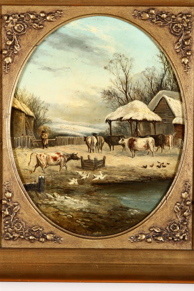 Scuola inglese del XX secolo Mucche e stagno con oche  - Auction Paintings - Cambi Casa d'Aste