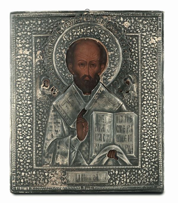 Icona raffigurante San Nicola taumaturgo riza in argento sbalzato e cesellato Mosca 1884, saggiatore Victor Sarinkov