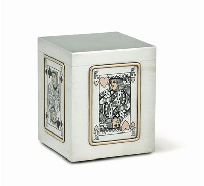 Scatola per Carte da Gioco in Oro, Argento e Smalto, a Titolo 950, Interno in Legno, Maison Bulga...
