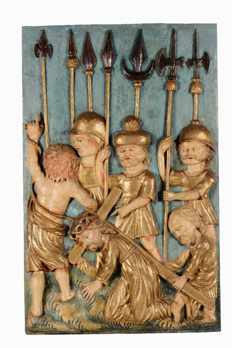 “gesù sul Calvario” e “bacio di Giuda”. Coppia di Rilievi in Legno Dorato e Policromo. Scultore R...