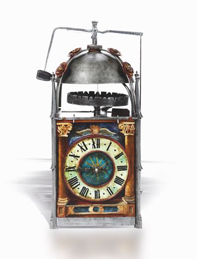 Orologio Gotico con Cassa in Metallo Dipinto. Francia XVI Secolo