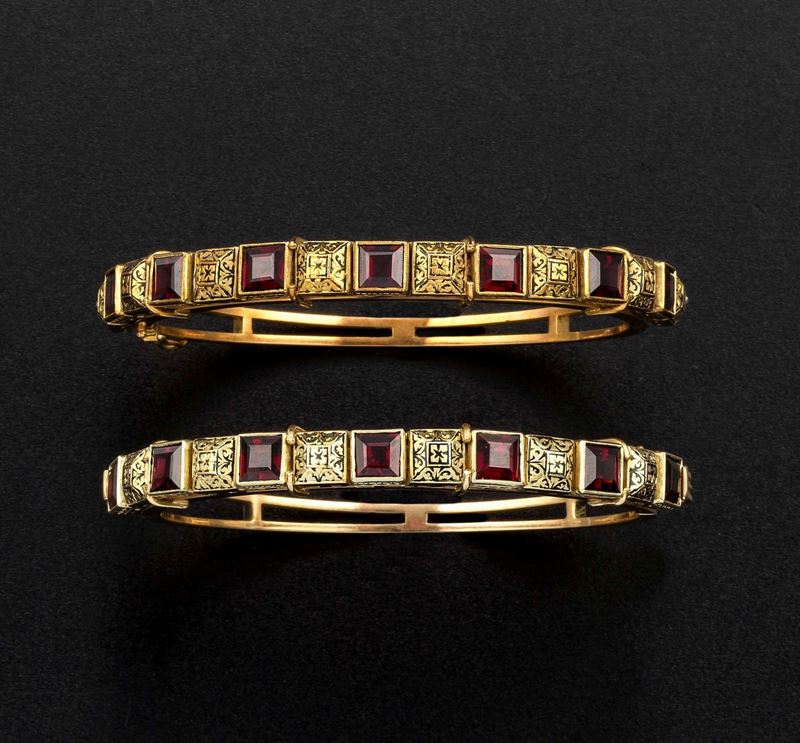 Two gold, enamel and glass bracelets  - Auction Fine Coral Jewels - I - Cambi Casa d'Aste