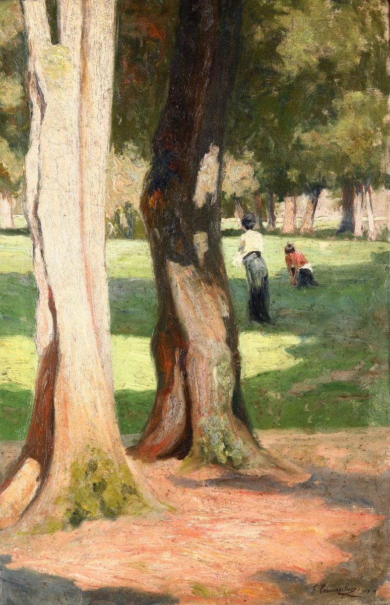 Giuseppe Pennasilico (1861 - 1940) Passeggiando nel parco, 1909  - Auction Paintings of the XIX and XX centuries - Cambi Casa d'Aste
