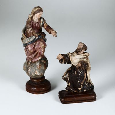 Gruppo Ligneo Policromo Raffigurante Madonna e Santo Orante, Arte Barocca Italiana del XVII-XVIII...