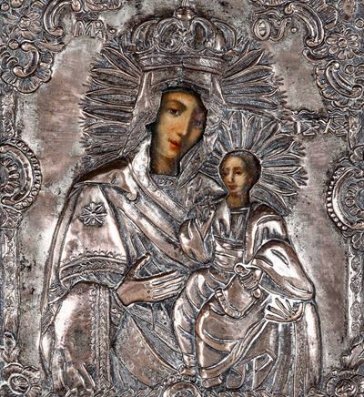 Icona con Riza in Metallo Sbalzato Raffigurante Madonna Col Bambino, XIX Secolo