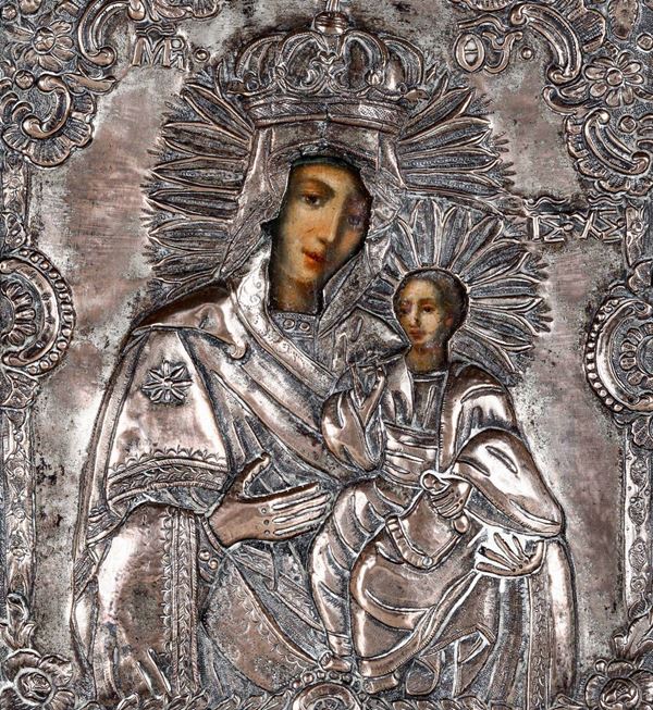 Icona con riza in metallo sbalzato raffigurante Madonna col Bambino, XIX secolo