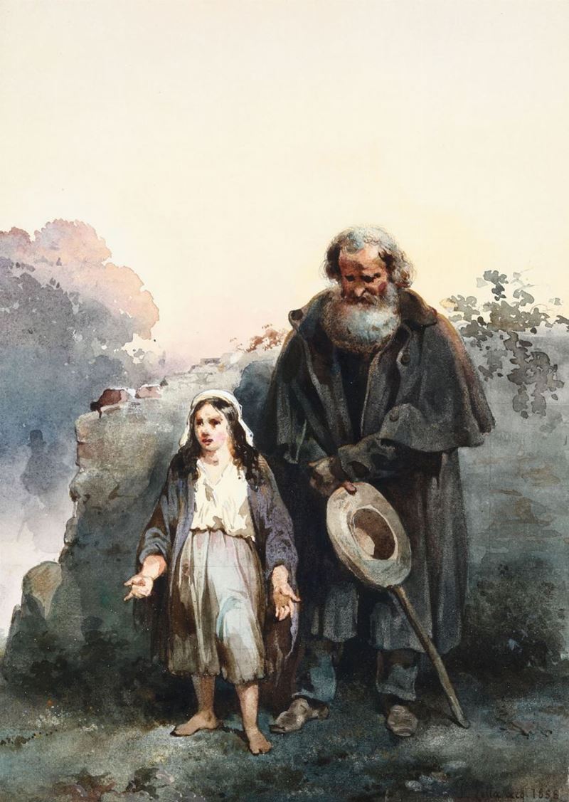 Pompeo Litta (1828 - 1881) Vecchio barbuto con bambina, 1858  - Asta Dipinti del XIX-XX Secolo - Asta a Tempo - Cambi Casa d'Aste