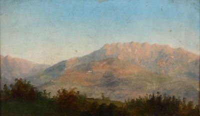 Pittore del XX Secolopaesaggio con Specchio D’acqua e Paesaggio di Montagna