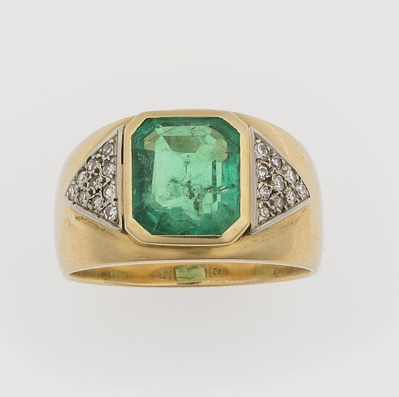 Anello con smeraldo Colombia e diamanti  - Auction Jewels - Timed Auction - Cambi Casa d'Aste