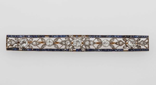 Sapphire, diamond, gold and silver brooch