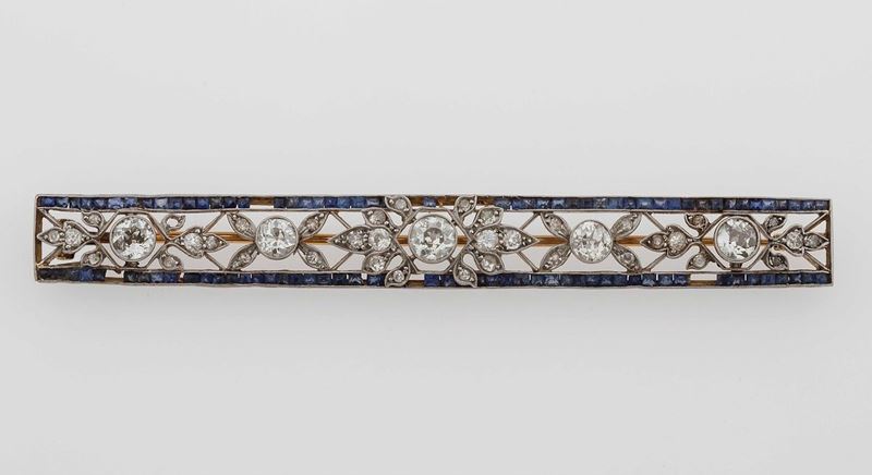 Sapphire, diamond, gold and silver brooch  - Auction Fine Jewels - II - Cambi Casa d'Aste