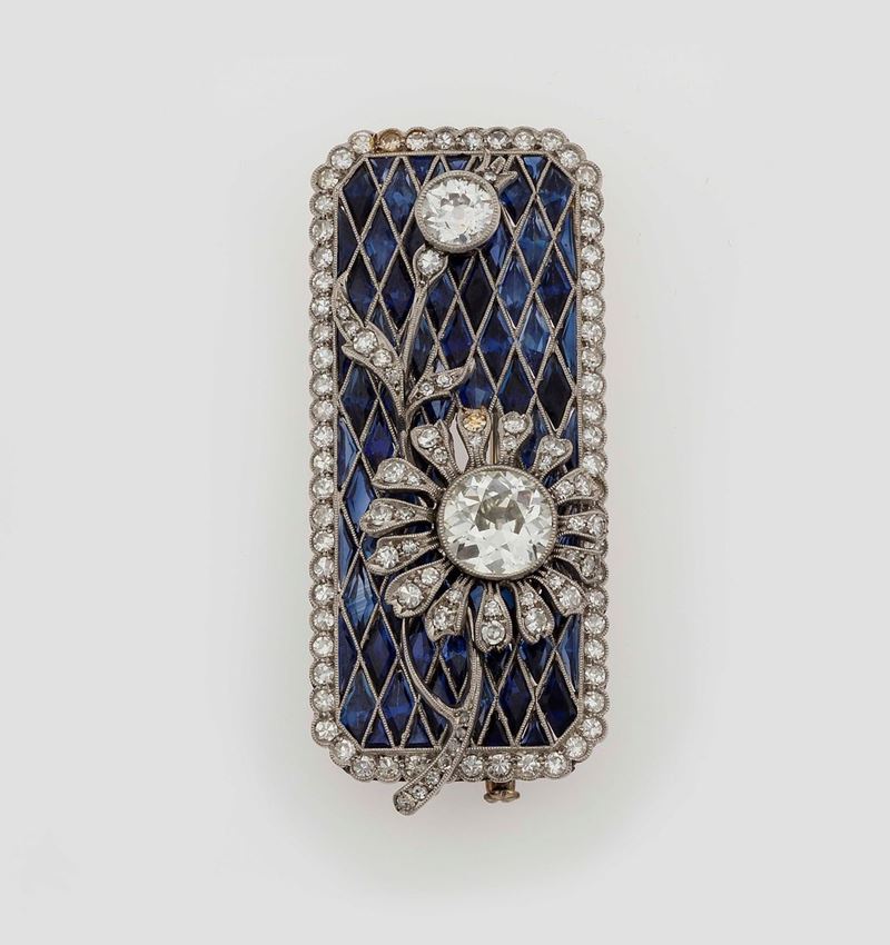 Old-cut diamond, sapphire and platinum brooch/pendant  - Auction Fine Jewels - II - Cambi Casa d'Aste