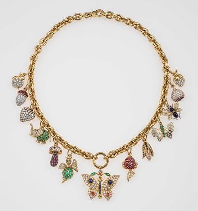 Girocollo con Charms con Pavé di Diamanti, Rubini, Zaffiri e Smeraldi