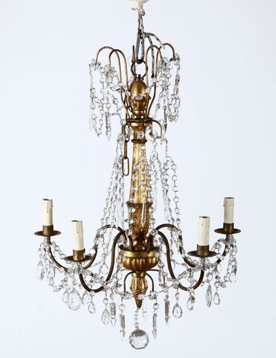 Lampadario a 5 Luci in Legno Dorato e Cristalli, XIX Secolo