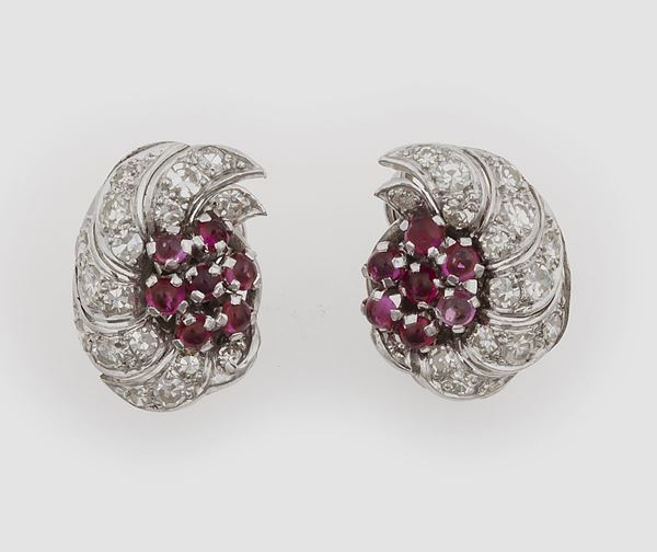Pair of diamond, ruby and platinum earrings